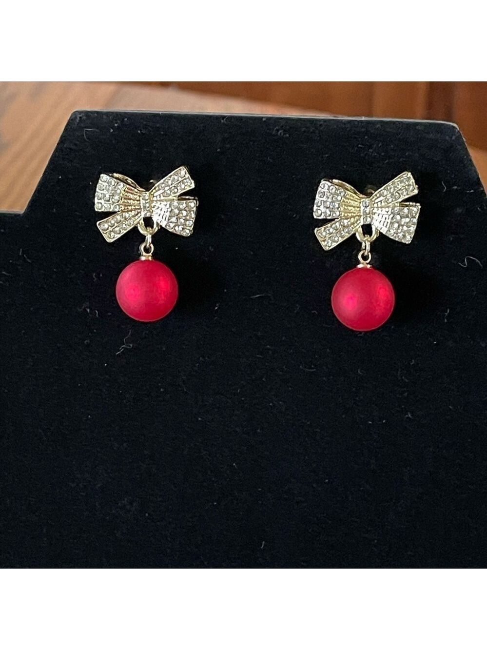 Earrings Red Ornament With Bow Gold Tone With Rhinestones Christmas Holiday - Picture 2 of 6